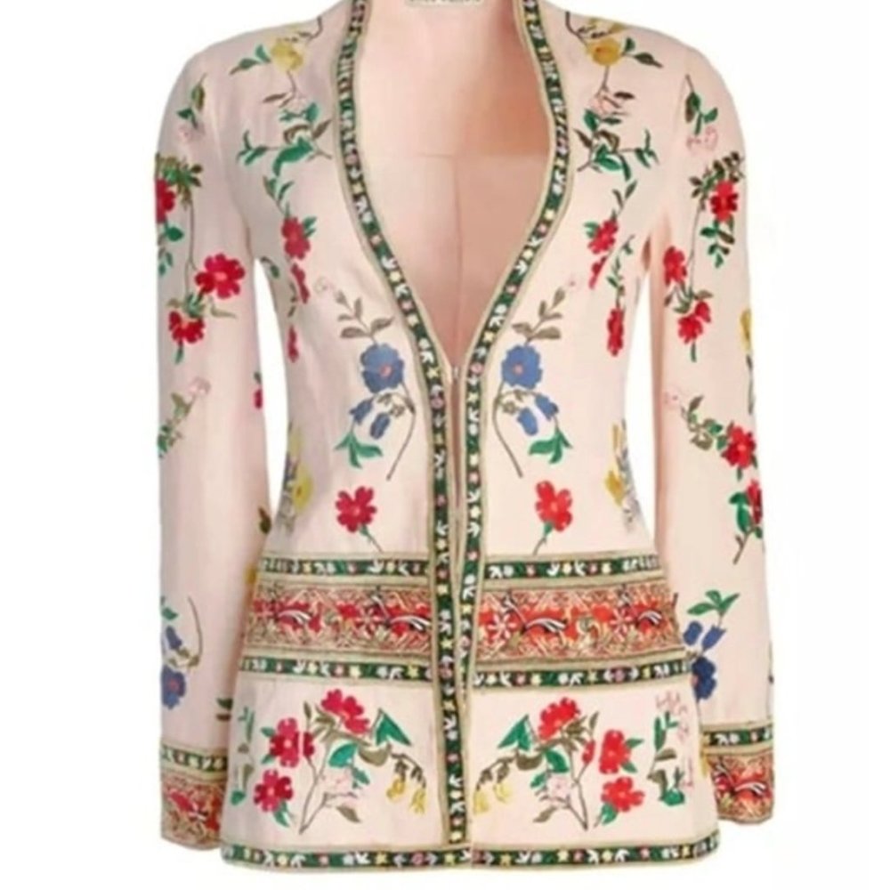 Alice + Olivia Blush Jerri Floral Linen Embroidered Jacket Blazer Size 4